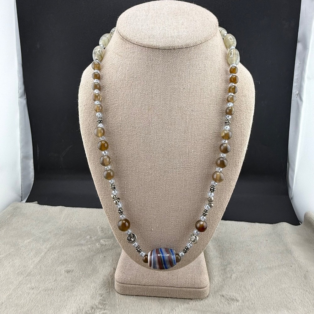 Vintage Estate Necklace Beaded Glass Polished Stone Multicolor Boho 22"